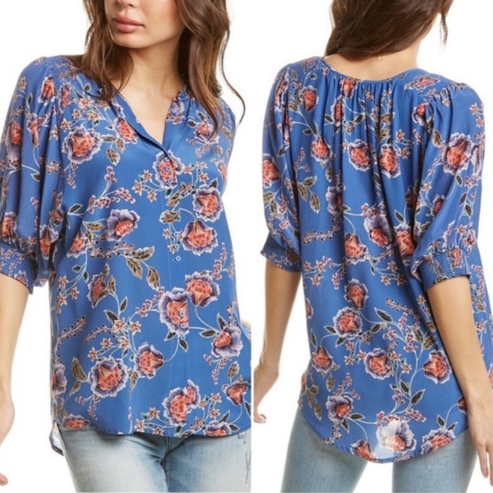Johnny Was Jade Raine Button Front Blouse Boho Floral 100% Silk Top Periwinkle